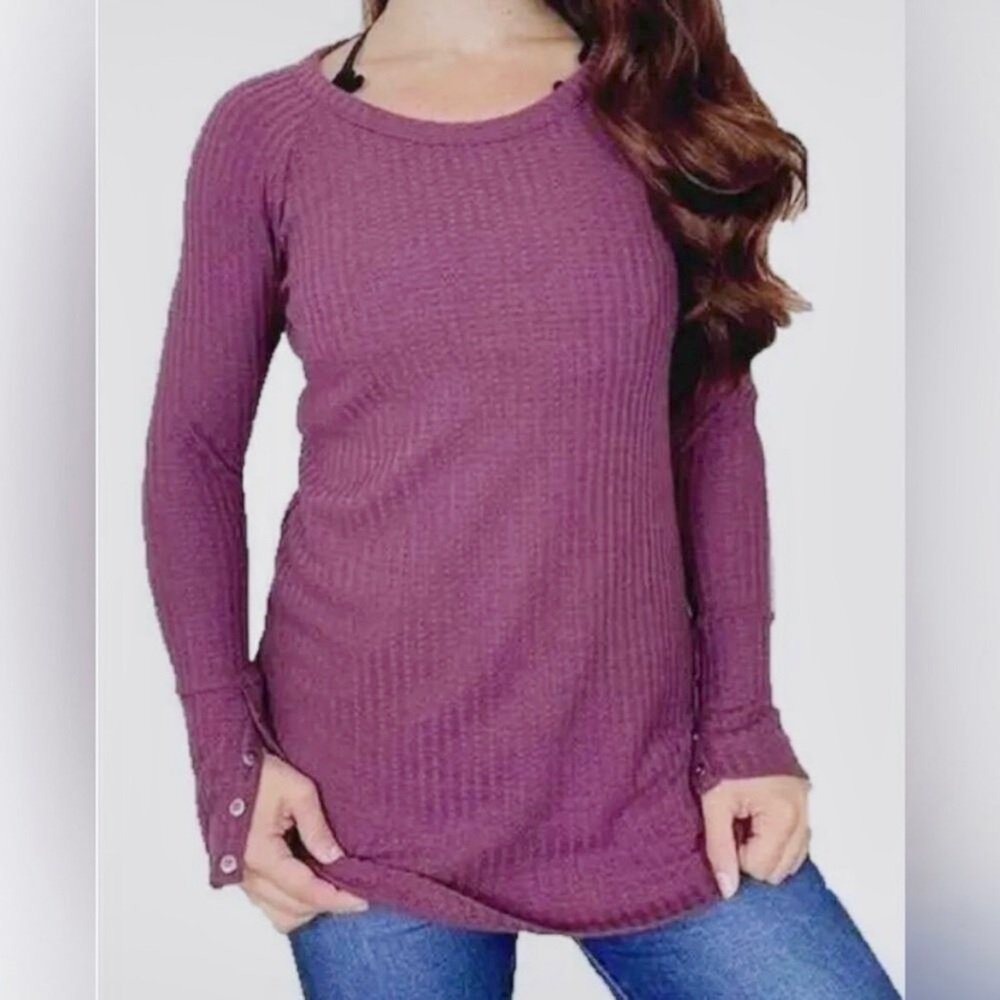 Chaser Waffle Knit Thermal Top Sz XL Berry Plum Long Sleeve Button Cuffs Stretch